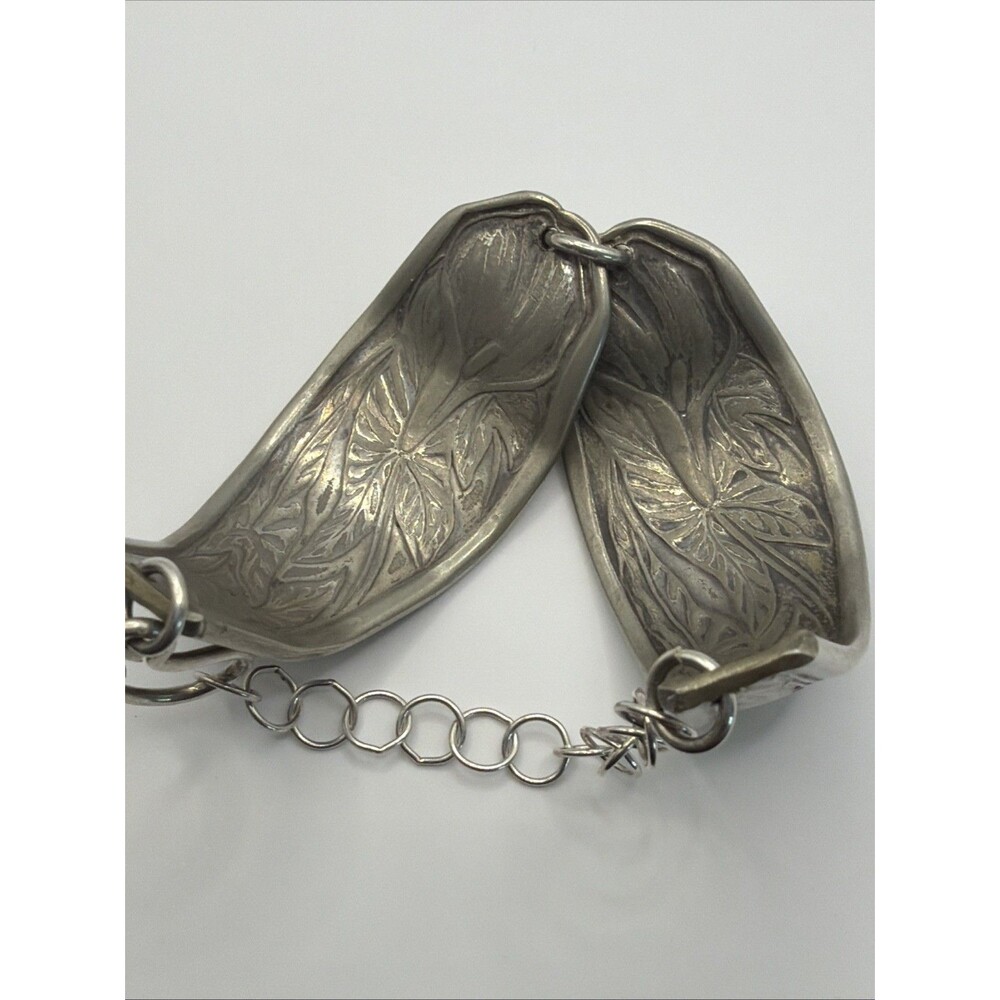Vintage Silver Flatware Bracelet Floral Art Nouveau Spoon Handle Cuff Calla Lily - Picture 14 of 15